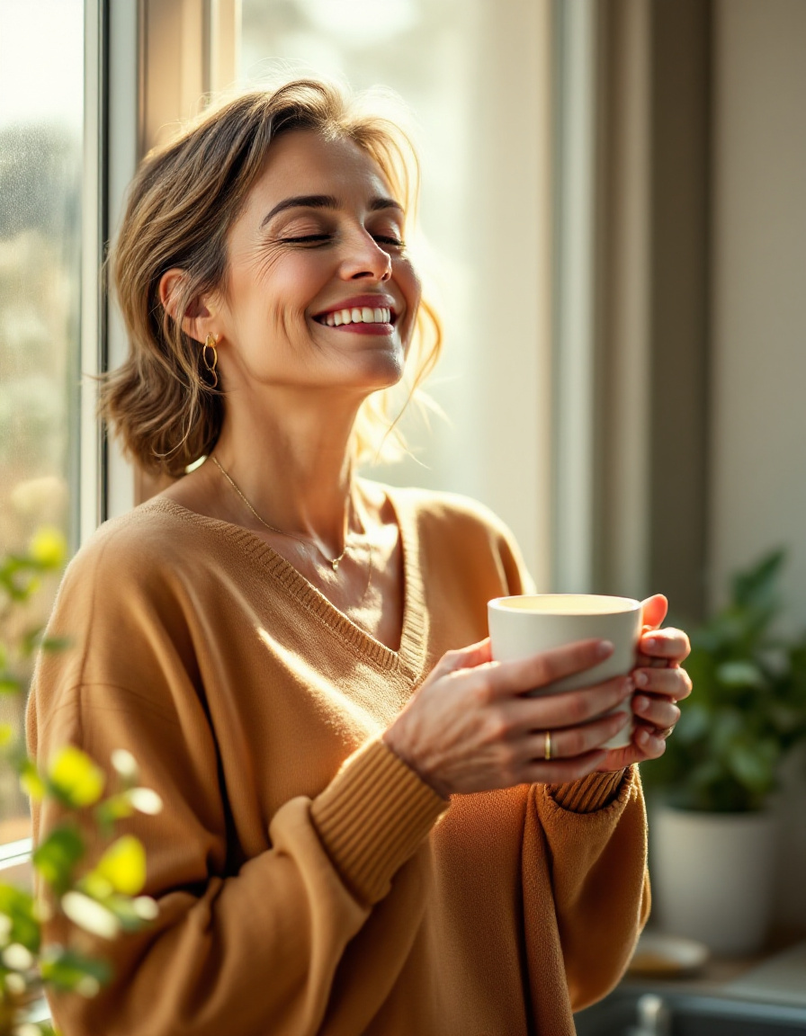 A woman enjoying a calm, clear-headed morning by her kitchen window