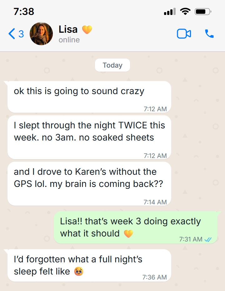 WhatsApp message from Lisa, week 3: slept through the night twice, brain coming back