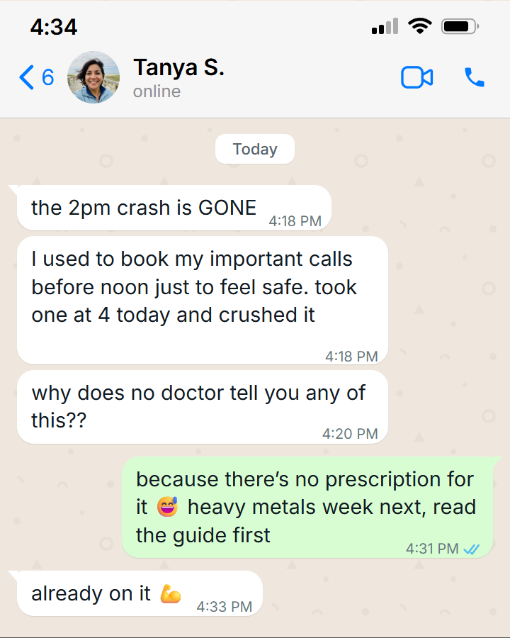 WhatsApp message from Tanya, a VP of sales: the 2 p.m. crash is gone